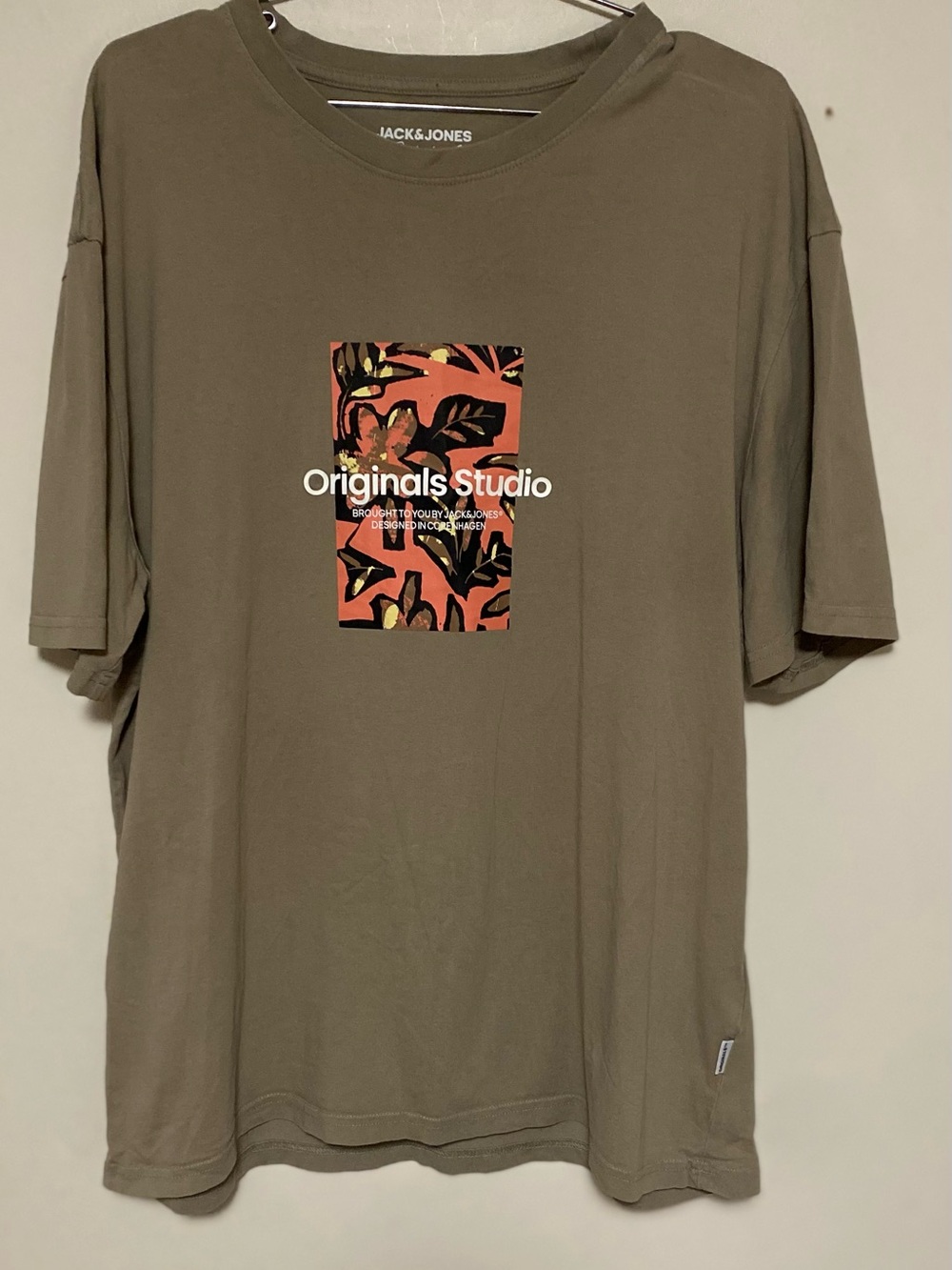 Jack & Jones Olive Crewneck T-Shirt with Coral Graphic